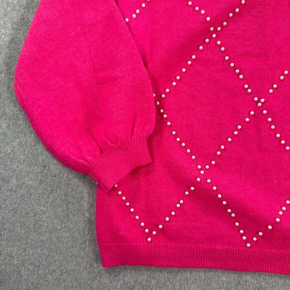 Cotton Bleu Pink Pearl Argyle Sweater Women's Small Crew Neck Pullover Preppy - Picture 2 of 9